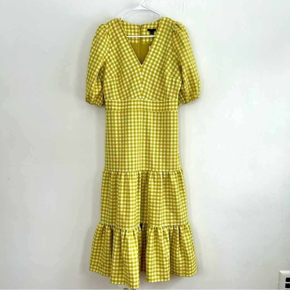 Ann Taylor Green/Yellow Gingham Tiered Puff Sleeve Midi Dress, V-Neck, Size 2 - Picture 2 of 6